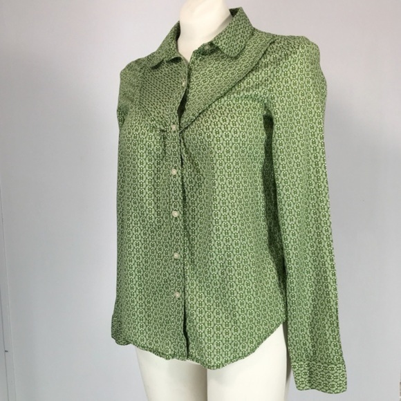 Old Navy Western Style Green White Ditzy Print Shirt XS Long Sleeve Button Woman - Picture 3 of 8